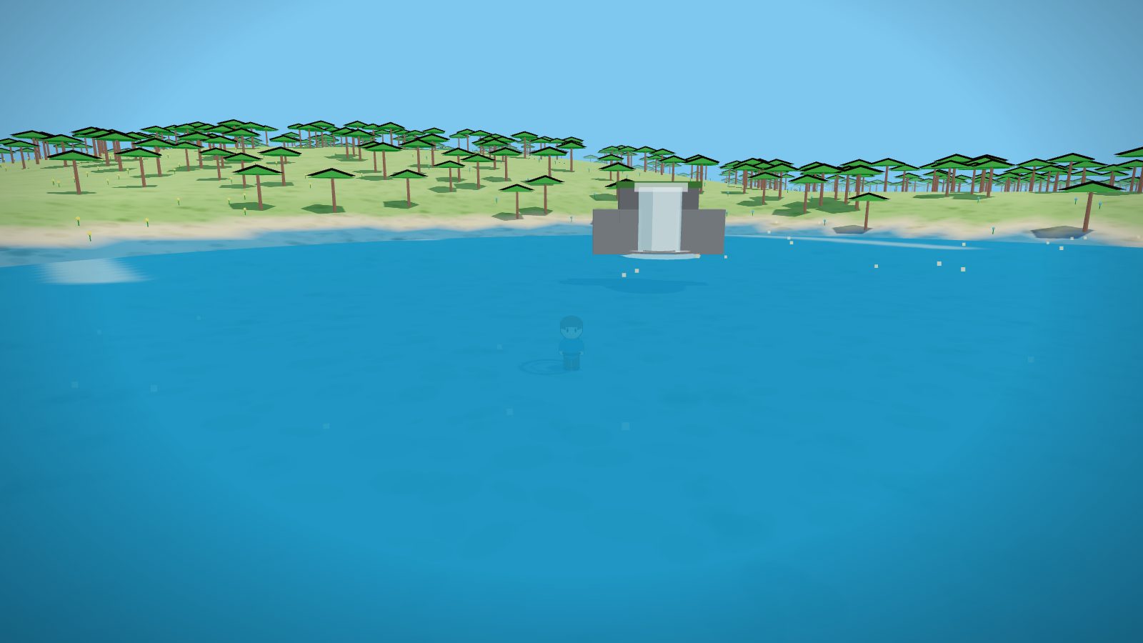 The falls pouring into the turquoise lagoon of Sunhaven Isle